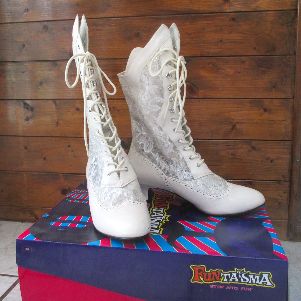 Funtasma Dame Victorian Ankle Boot Size 10 Ivory Steampunk